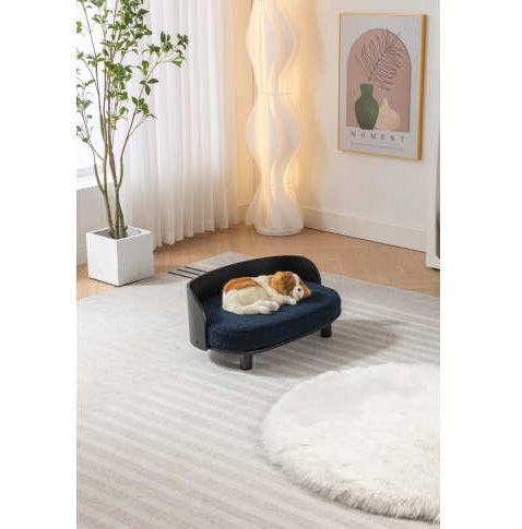Nordic Velvet Pet Lounge with Wood Frame, Dark Blue