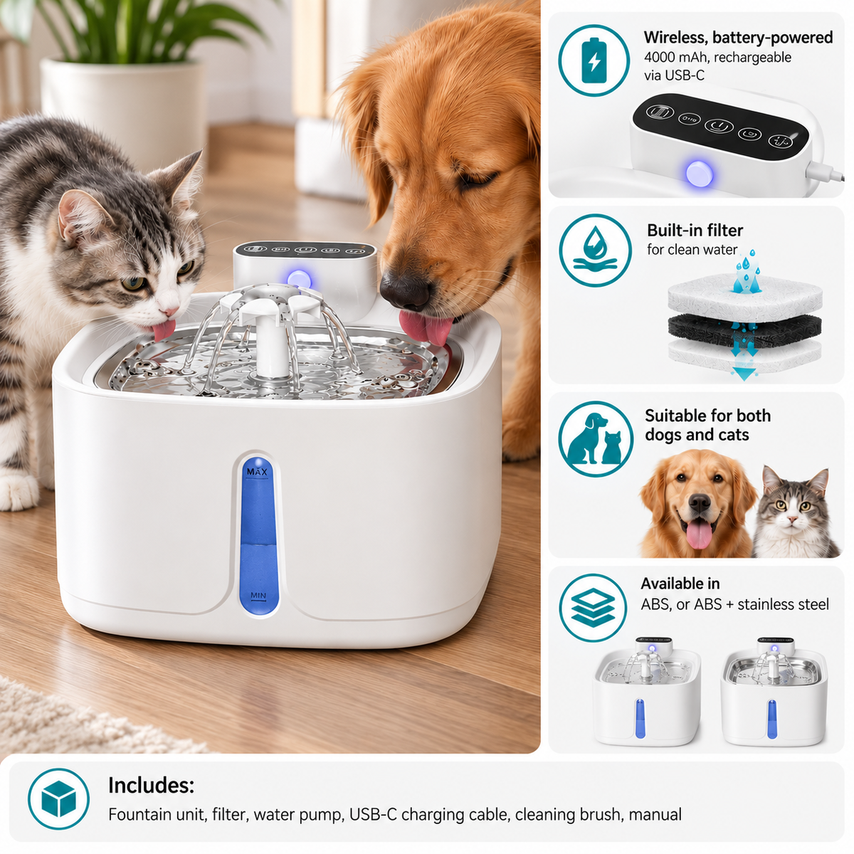 Smart Pet Water Fountain Wireless Stainless Steel Water Dispenser