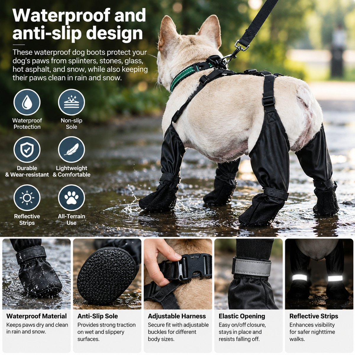 Waterproof Anti-Slip Dog Boots with Suspender Harness