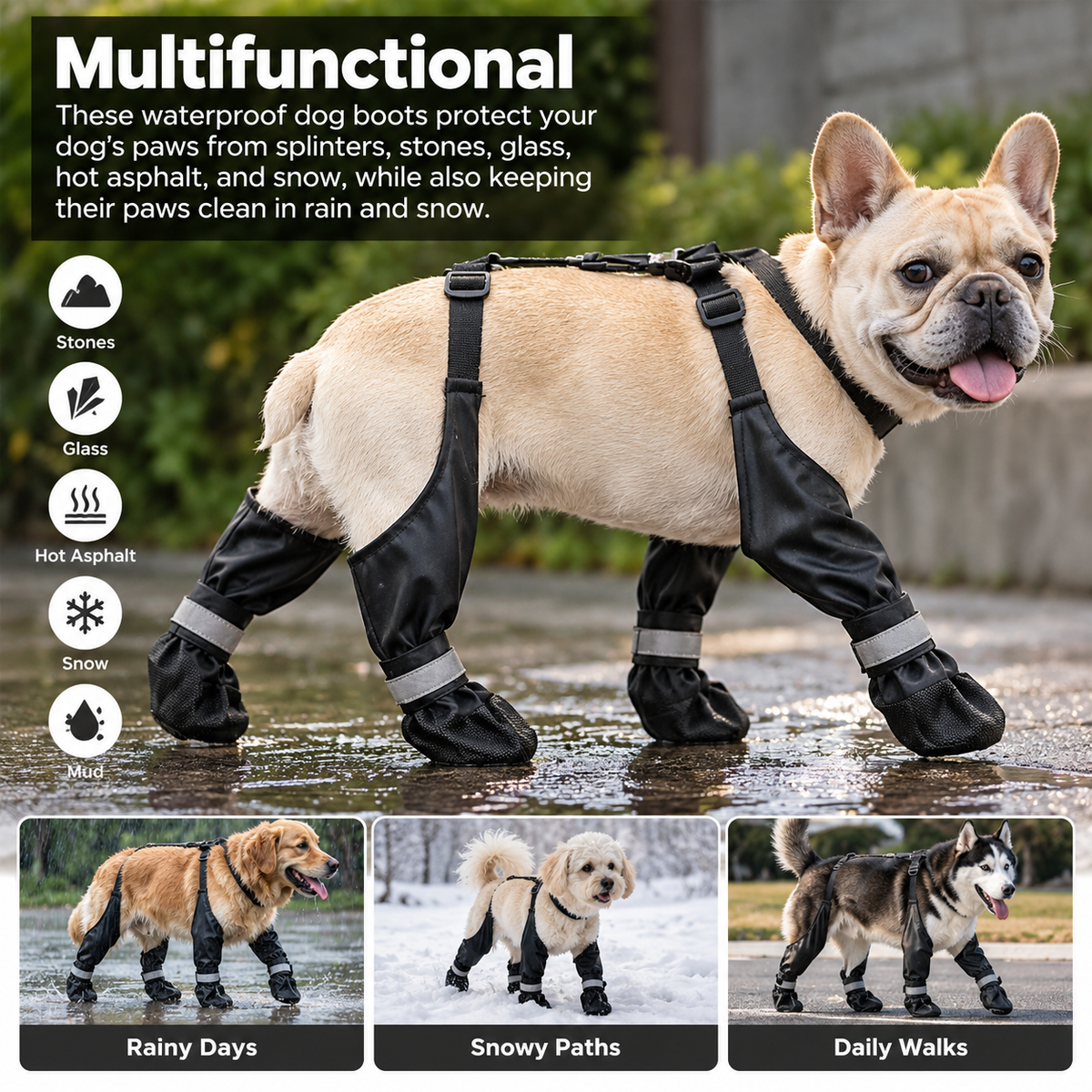 Waterproof Anti-Slip Dog Boots with Suspender Harness