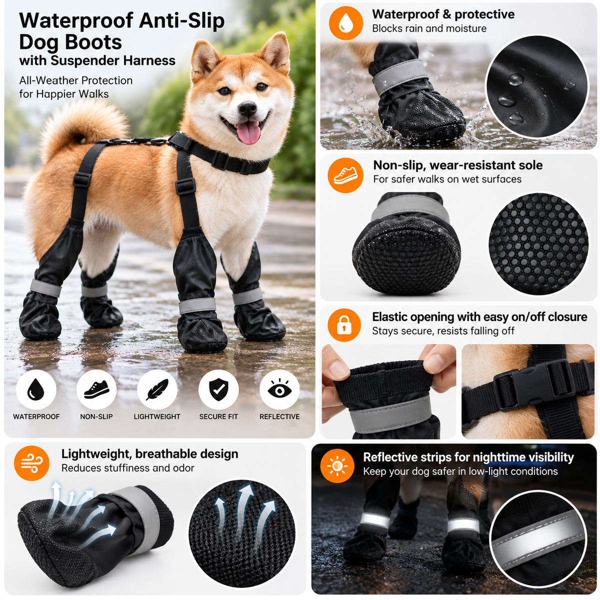 Waterproof Anti-Slip Dog Boots with Suspender Harness